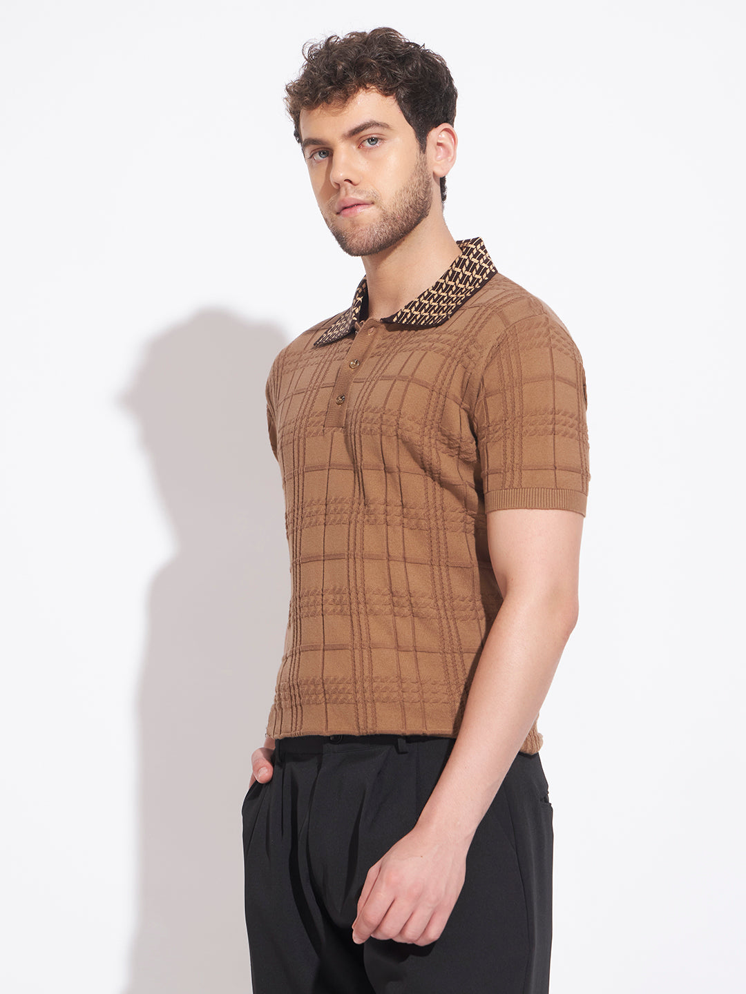 AEDENBURG Men Jacquard-Collar Cable Grid Polo Regular Fit Cotton Blend T-Shirt