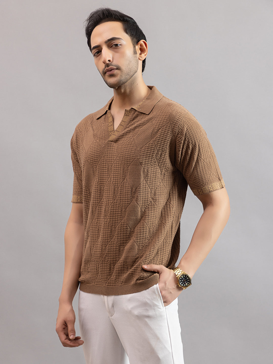 DIAMOND TEXTURED FINE KNIT POLO