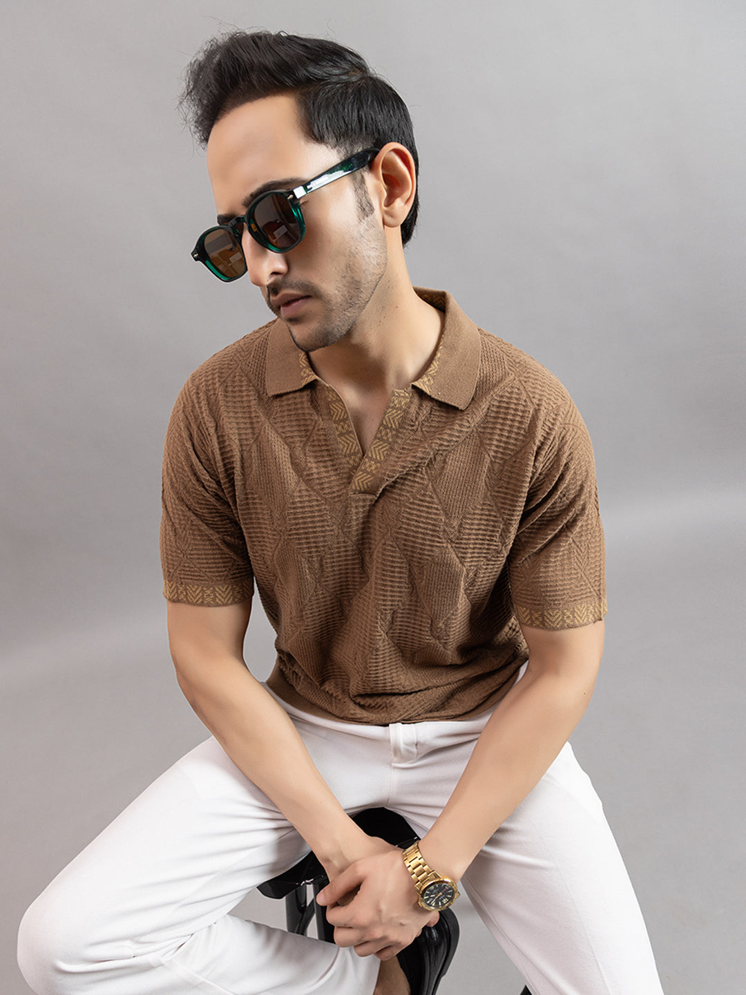 DIAMOND TEXTURED FINE KNIT POLO