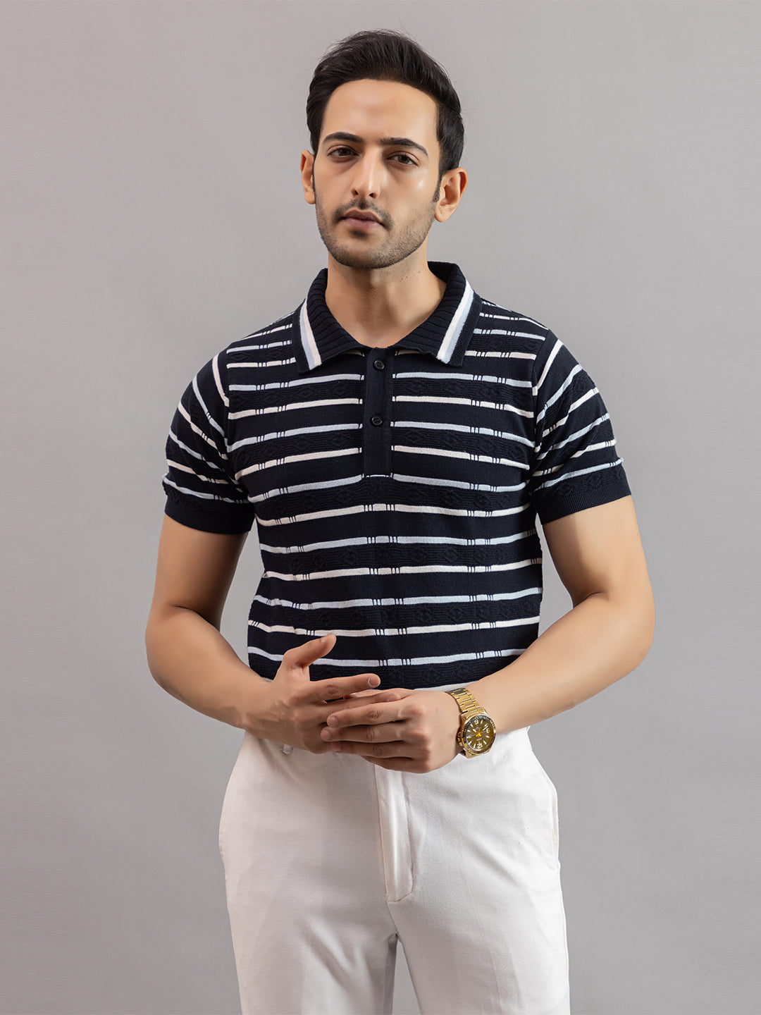 HOMME FINE KNIT STRIPE POLO