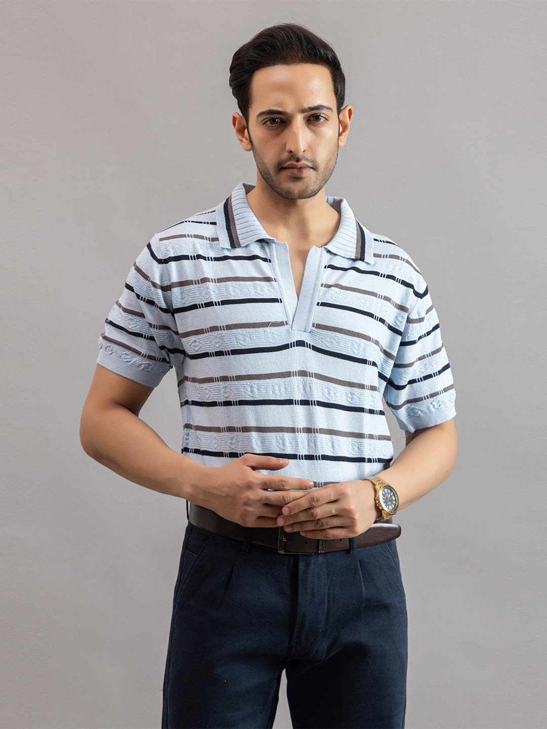 HOMME FINE KNIT STRIPE POLO