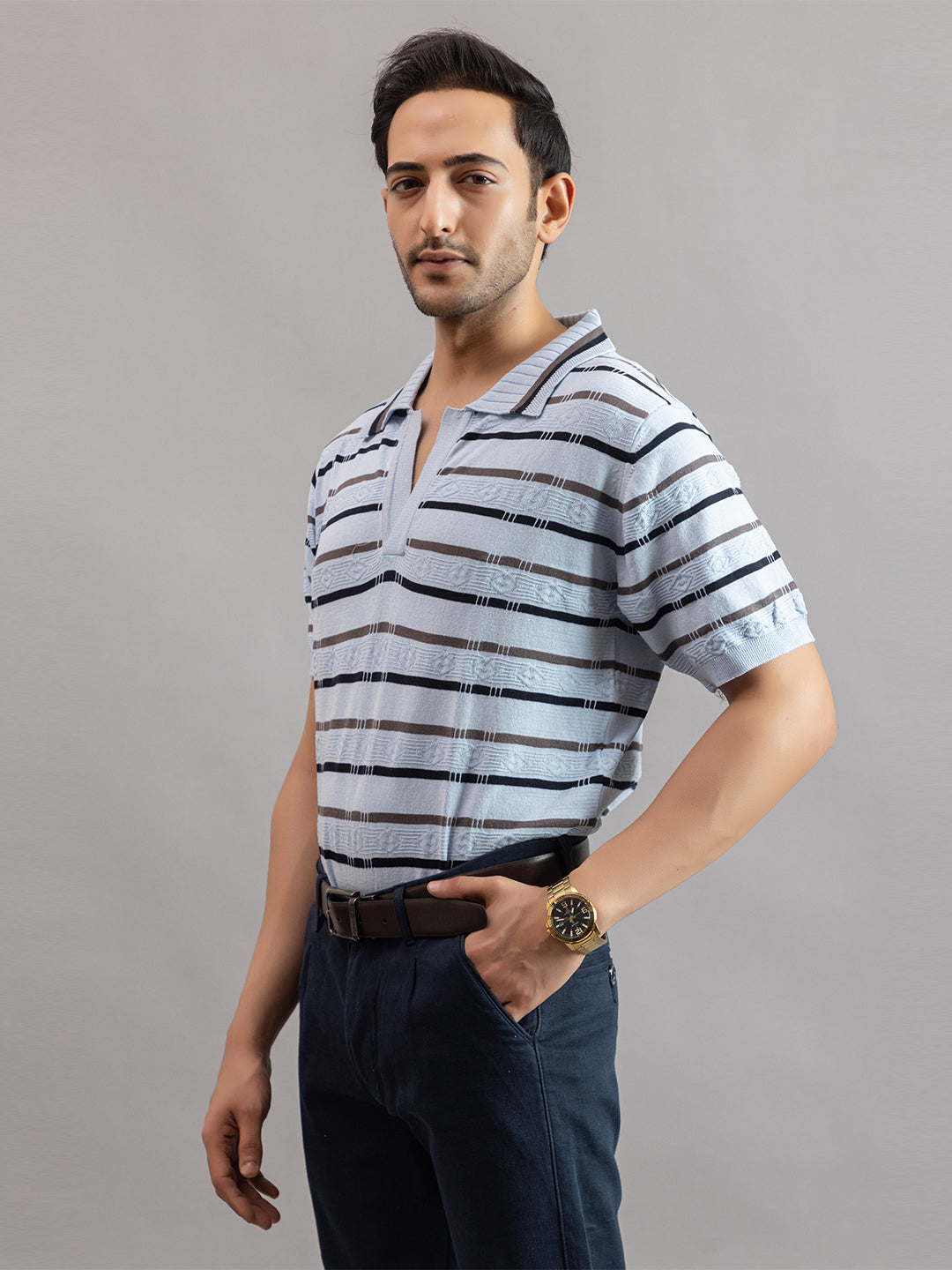 HOMME FINE KNIT STRIPE POLO