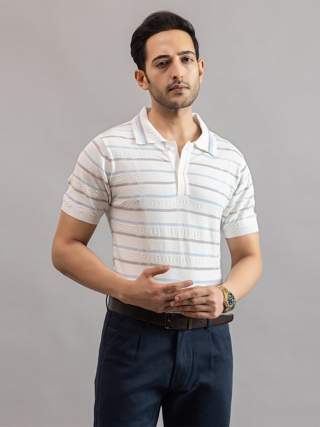 HOMME FINE KNIT STRIPE POLO