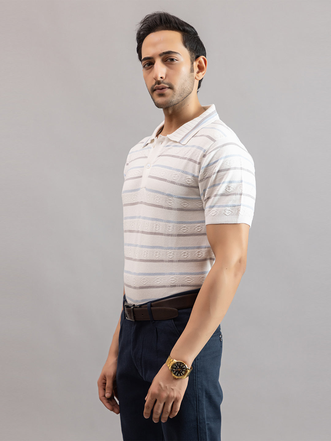 HOMME FINE KNIT STRIPE POLO