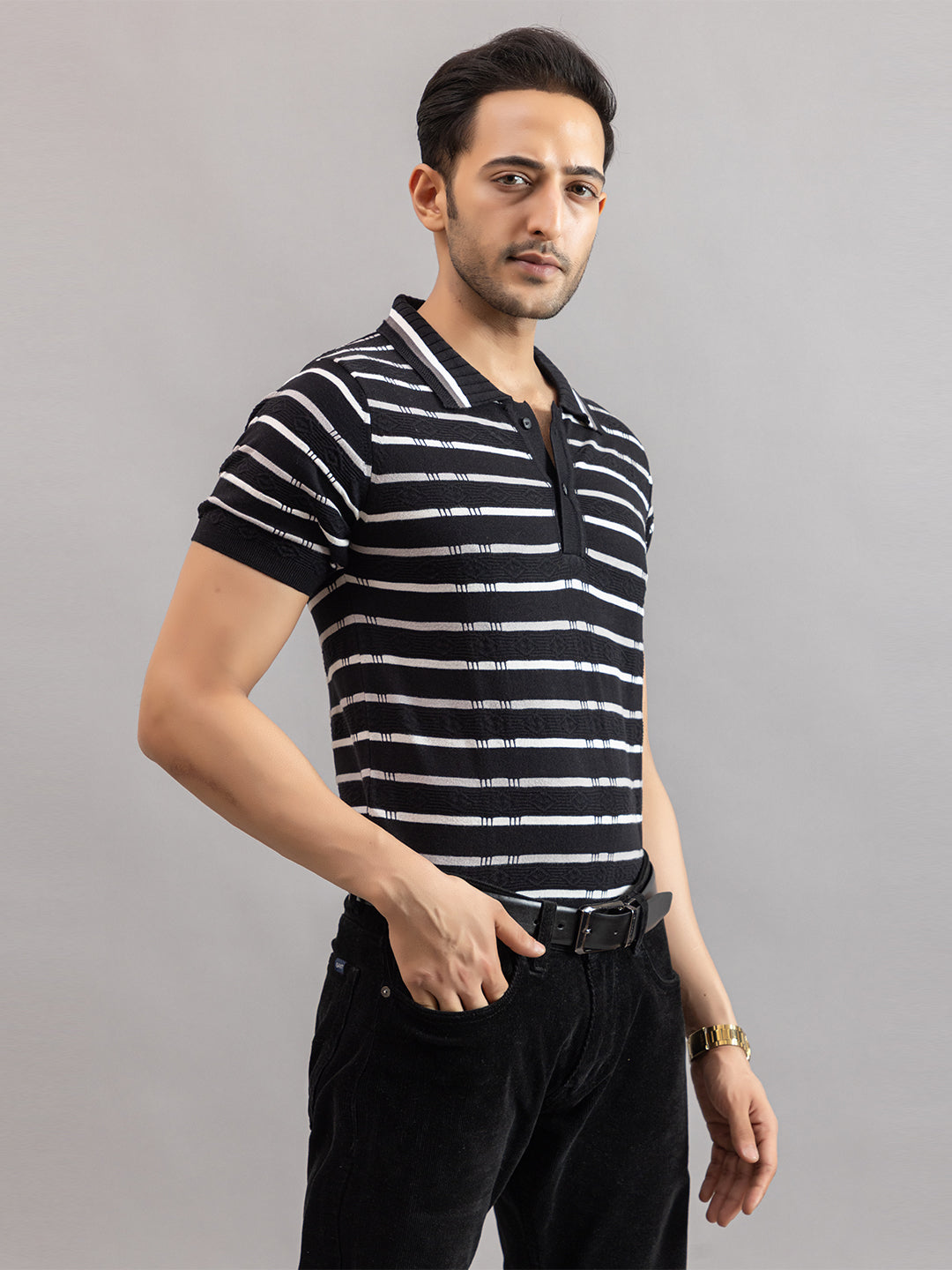 HOMME FINE KNIT STRIPE POLO