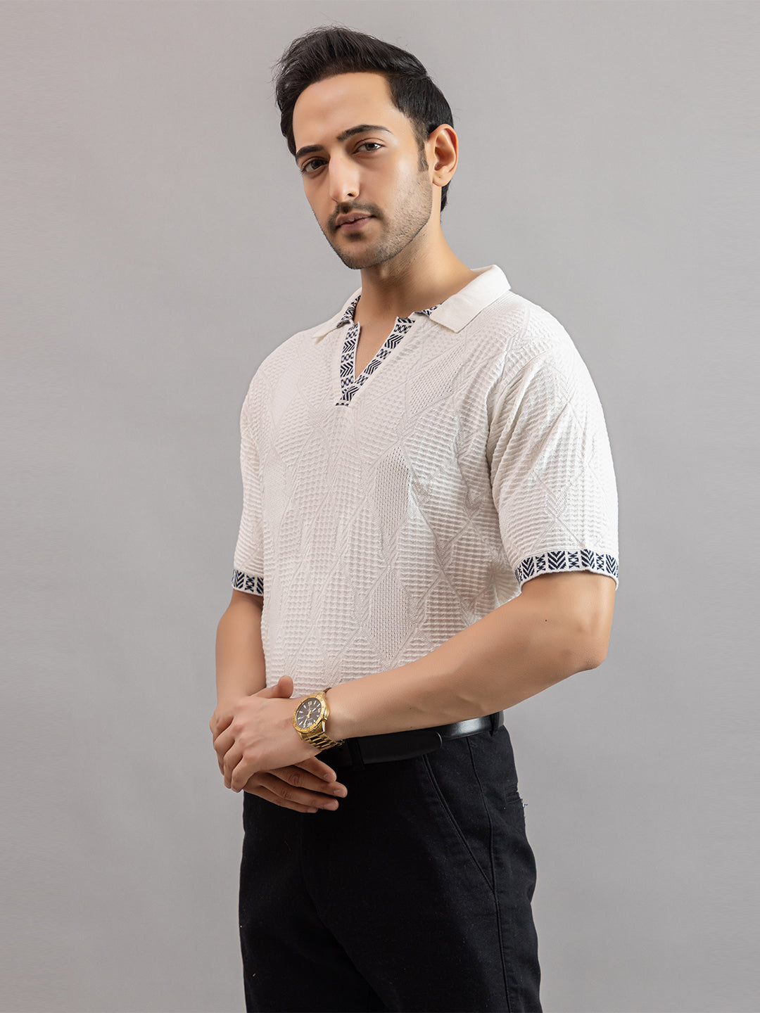 DIAMOND TEXTURED FINE KNIT POLO
