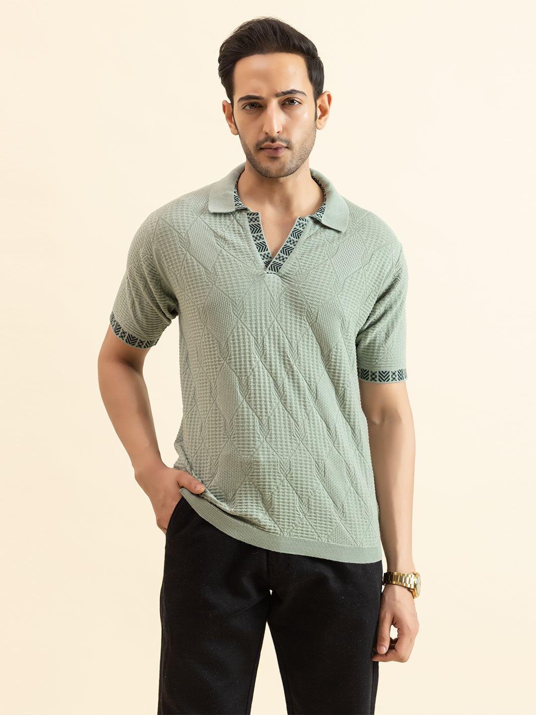 DIAMOND TEXTURED FINE KNIT POLO