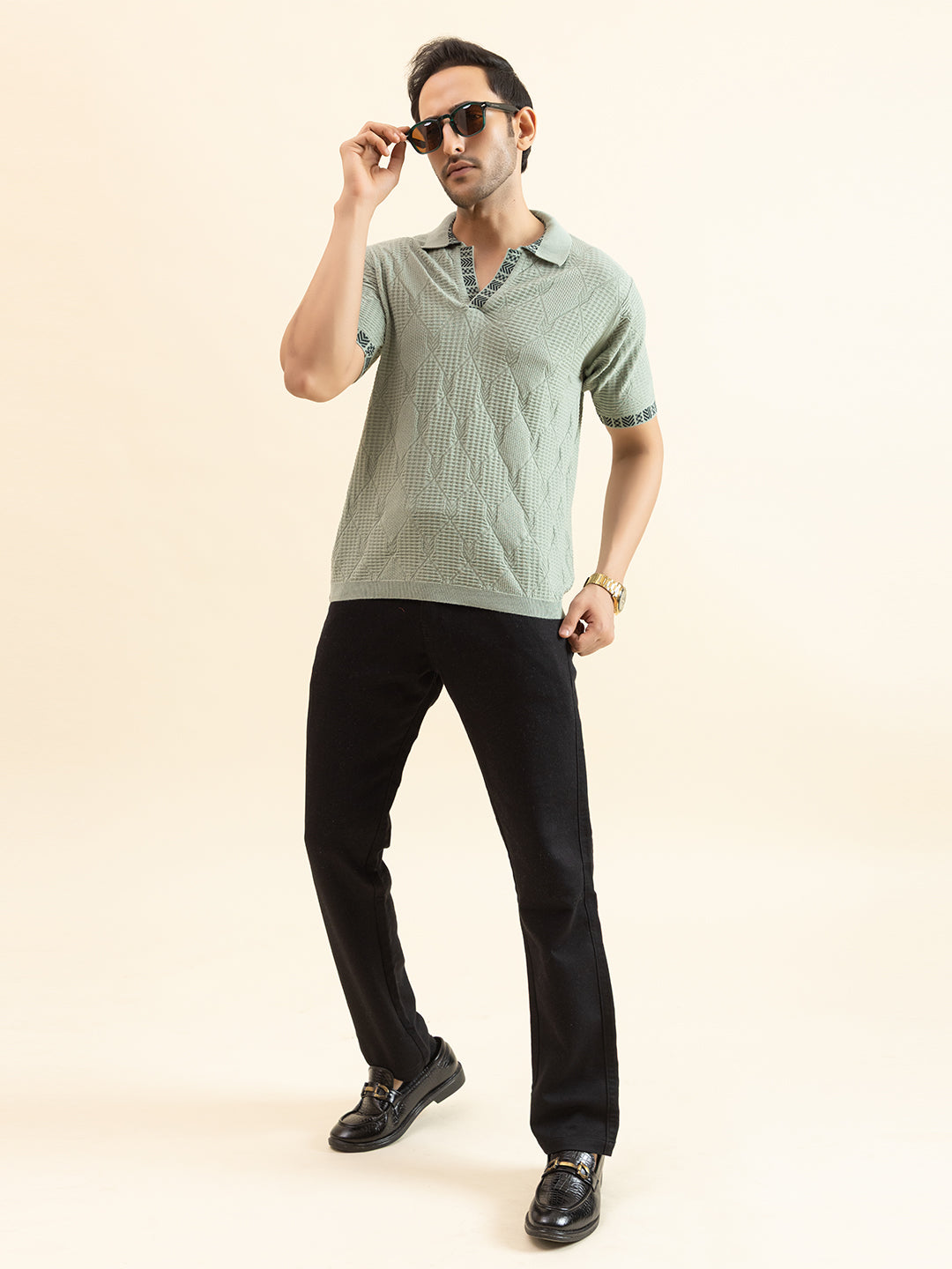 DIAMOND TEXTURED FINE KNIT POLO