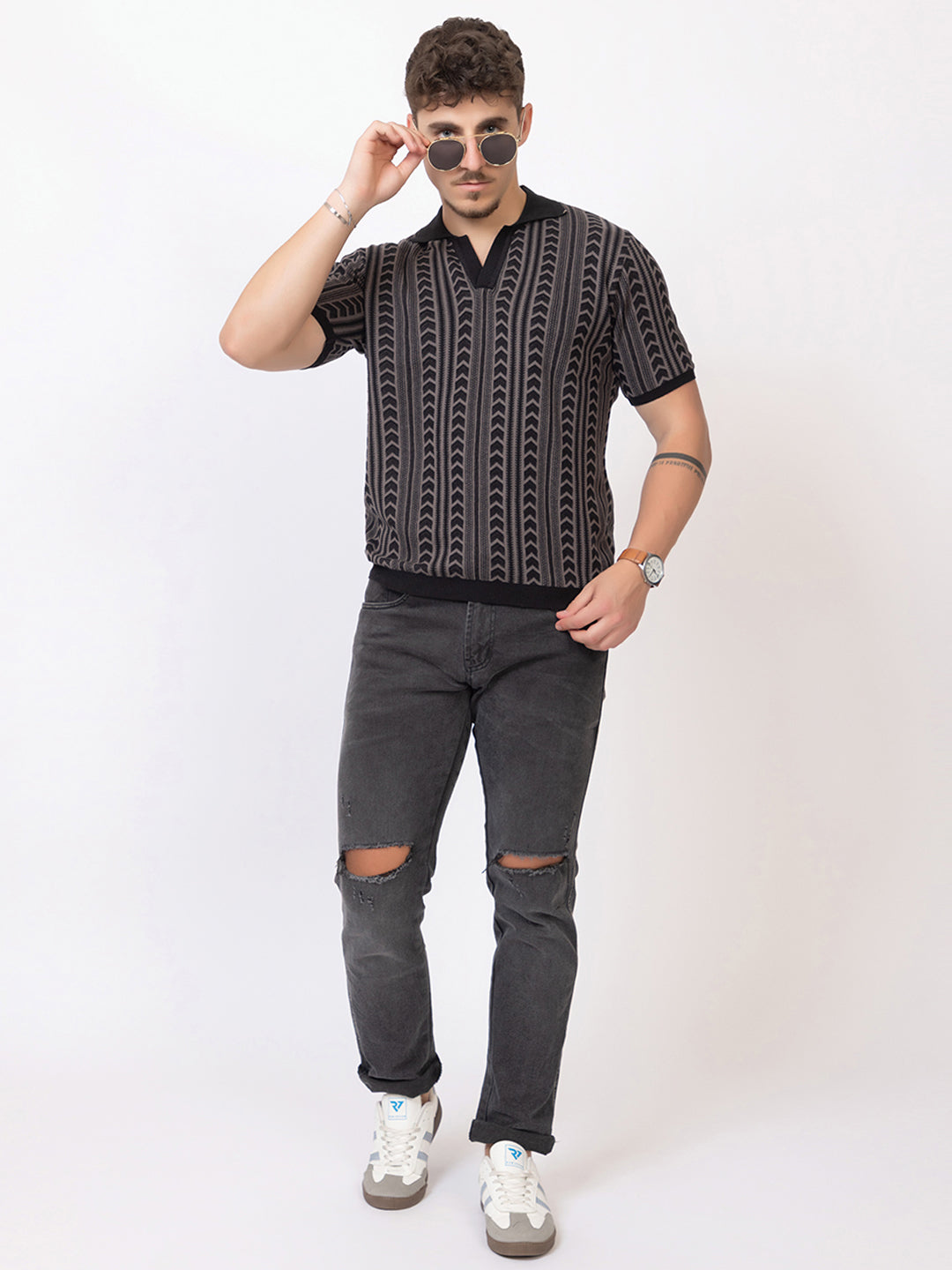 FINE COTTON FLAT KNIT ARROW JAQUARD