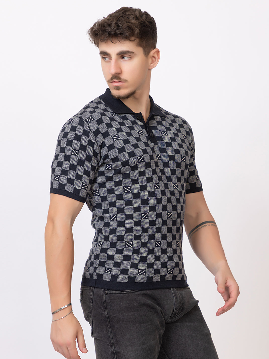 COTTON CHESS FLAT KNIT JAQUARD