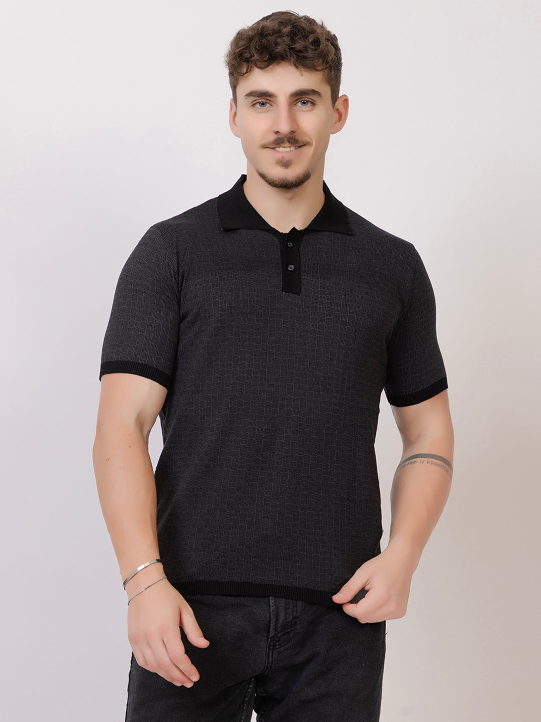 COTTON MARBLE CHECK FINE KNIT POLO