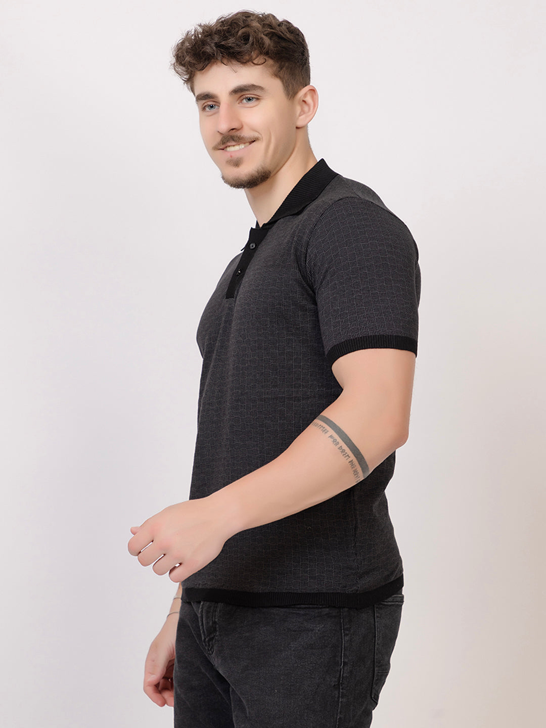 COTTON MARBLE CHECK FINE KNIT POLO