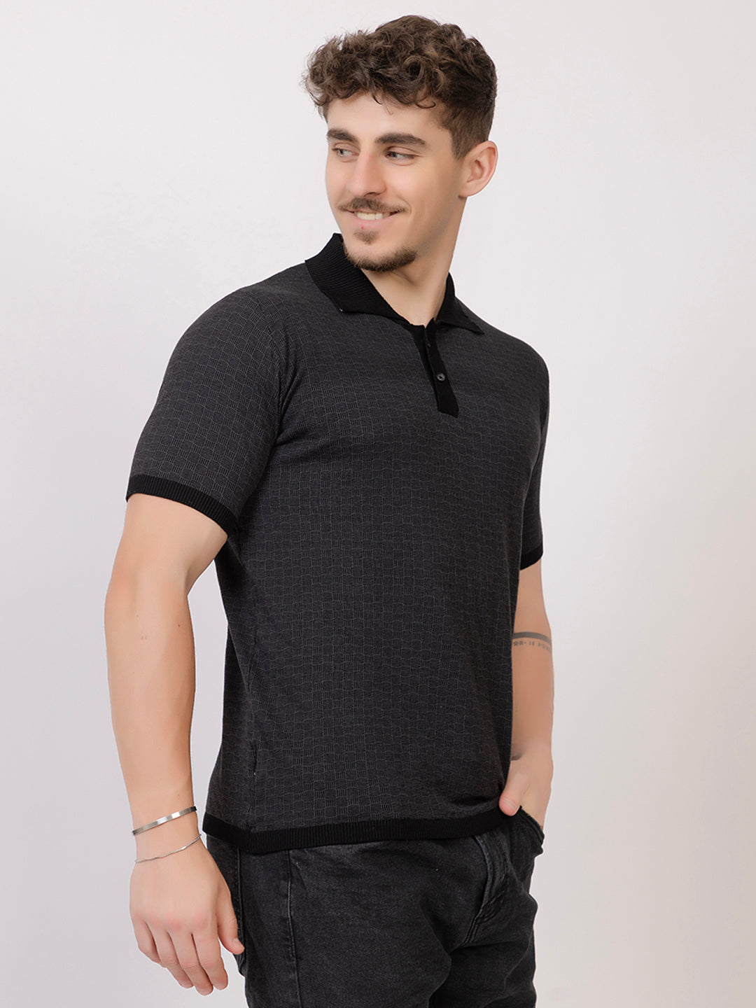 COTTON MARBLE CHECK FINE KNIT POLO