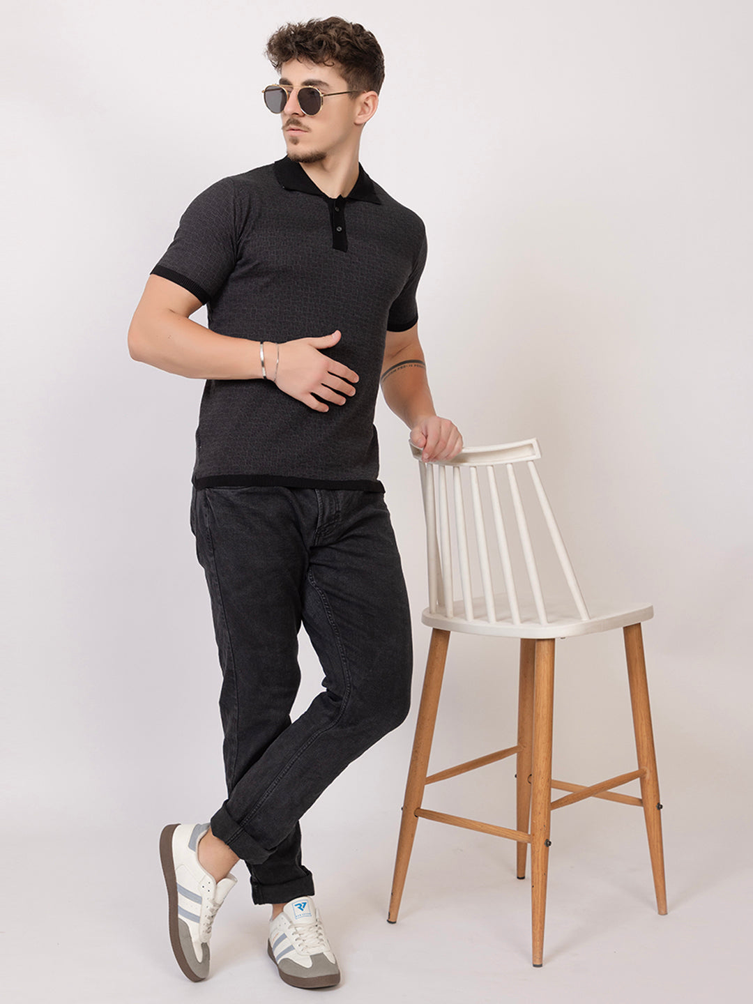 COTTON MARBLE CHECK FINE KNIT POLO
