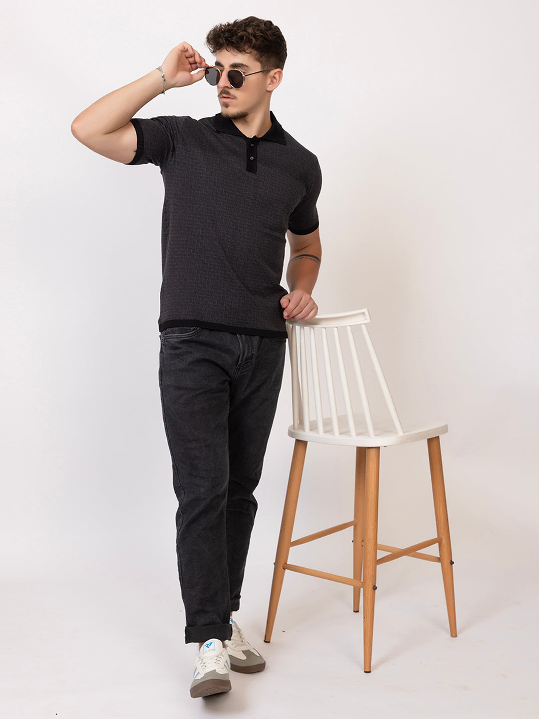 COTTON MARBLE CHECK FINE KNIT POLO