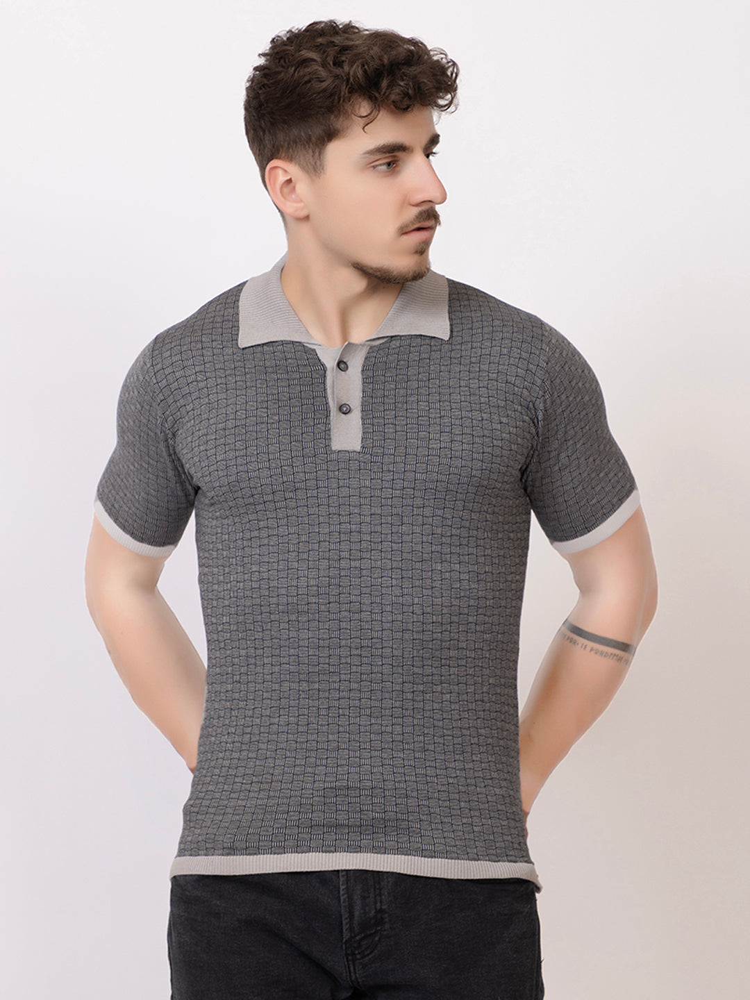 COTTON MARBLE CHECK FINE KNIT POLO