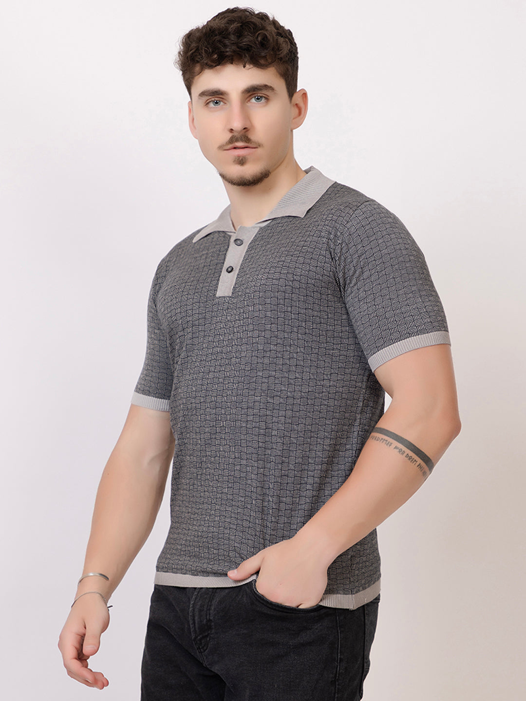 COTTON MARBLE CHECK FINE KNIT POLO