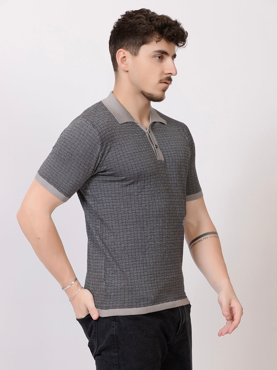 COTTON MARBLE CHECK FINE KNIT POLO