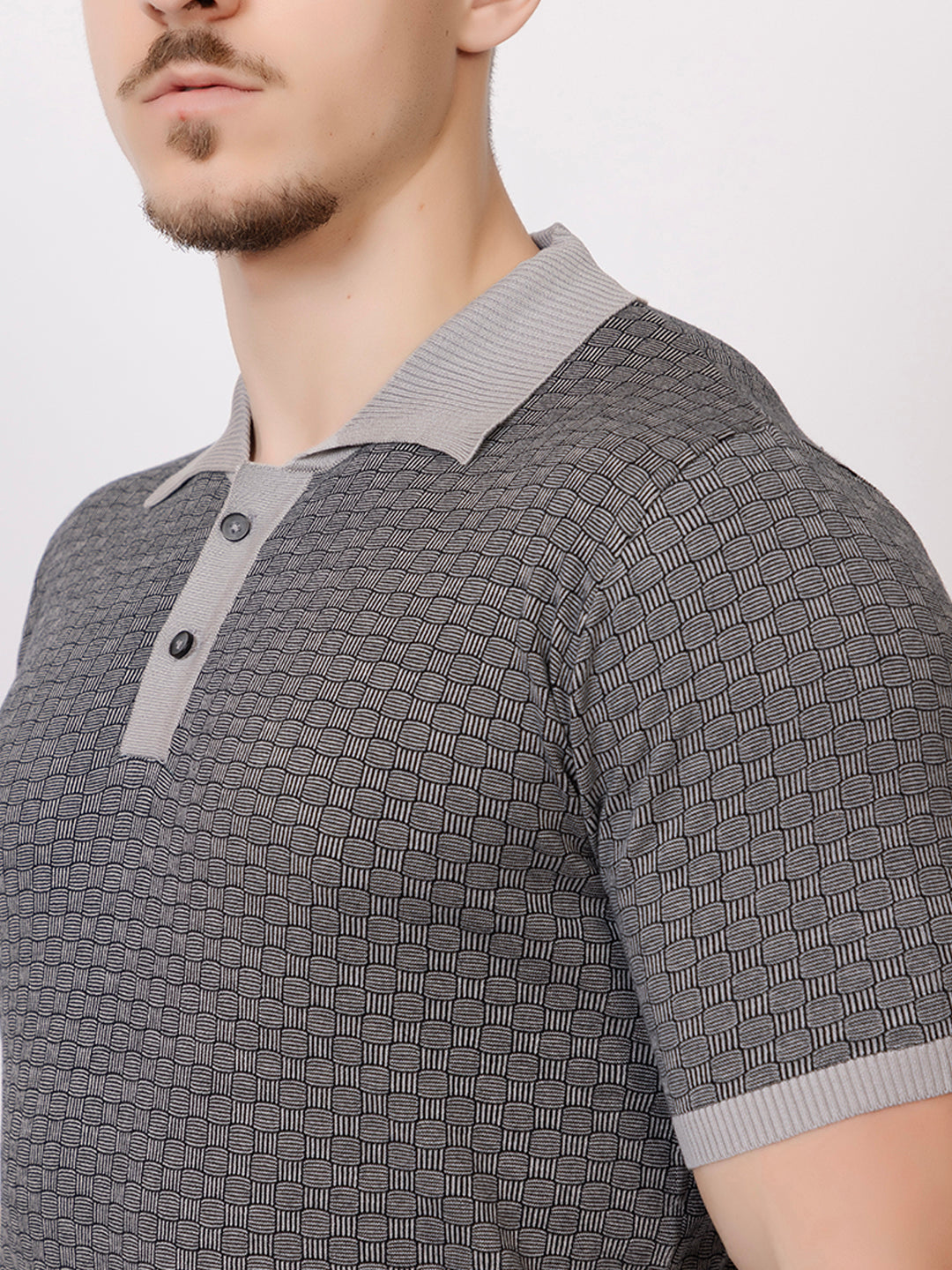 COTTON MARBLE CHECK FINE KNIT POLO