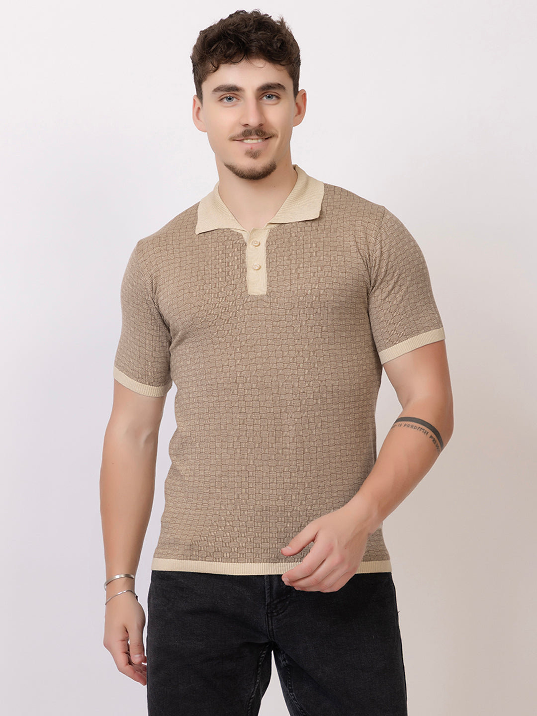 COTTON MARBLE CHECK FINE KNIT POLO