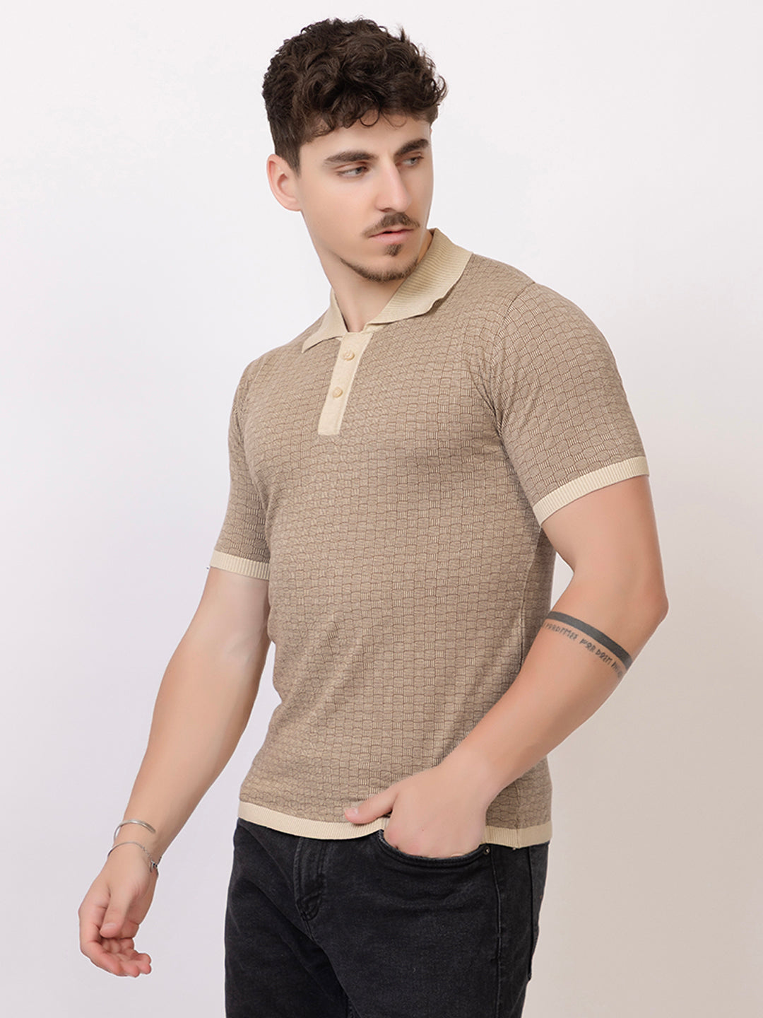 COTTON MARBLE CHECK FINE KNIT POLO