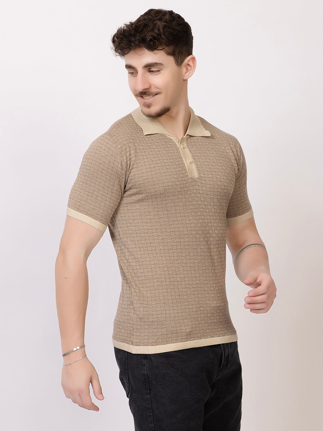 COTTON MARBLE CHECK FINE KNIT POLO