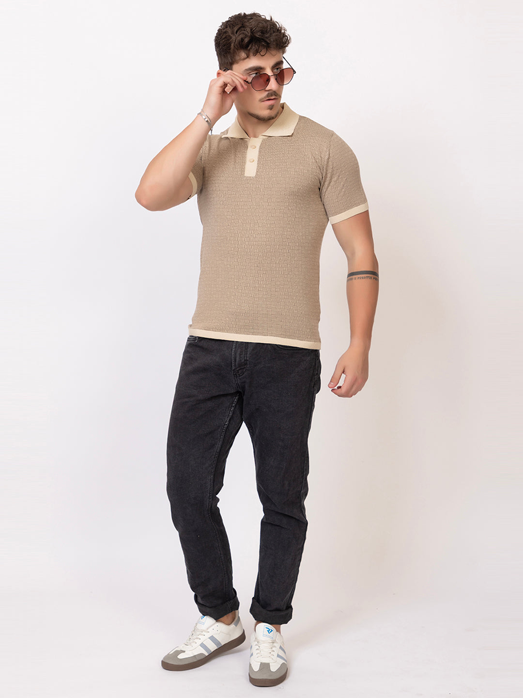 COTTON MARBLE CHECK FINE KNIT POLO