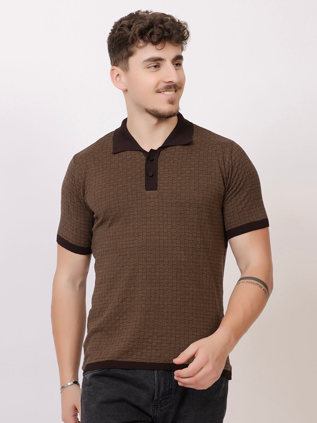 COTTON MARBLE CHECK FINE KNIT POLO