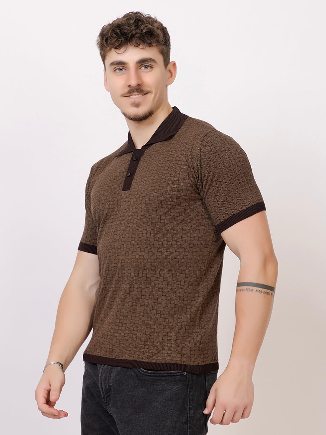 COTTON MARBLE CHECK FINE KNIT POLO