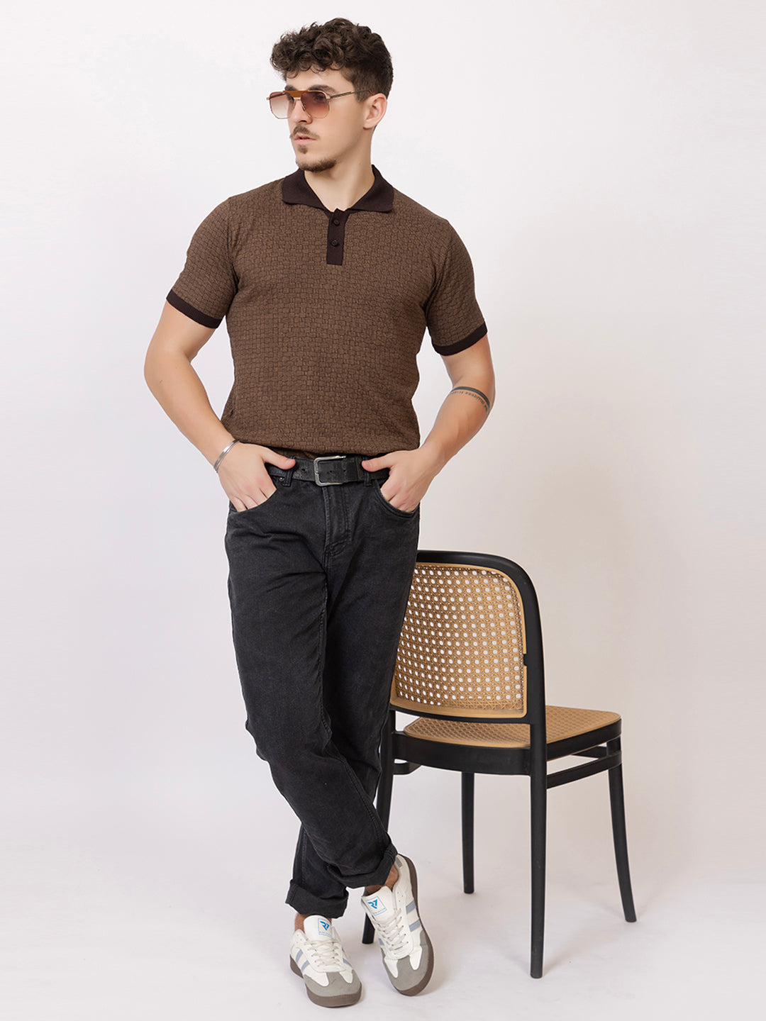 COTTON MARBLE CHECK FINE KNIT POLO