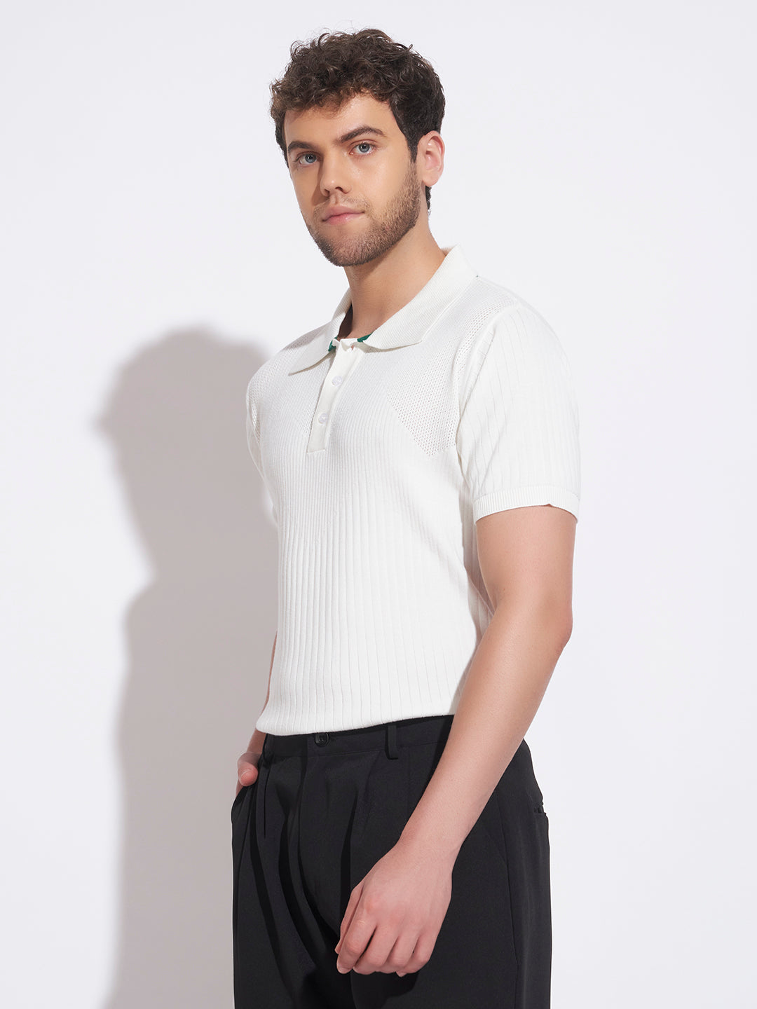 AEDENBURG Men White Knitted Cotton Blend T-Shirt