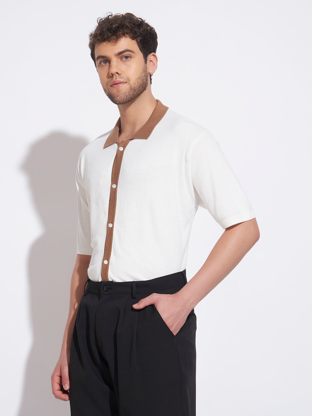 AEDENBURG Men White Knitted Cotton Blend T-Shirt