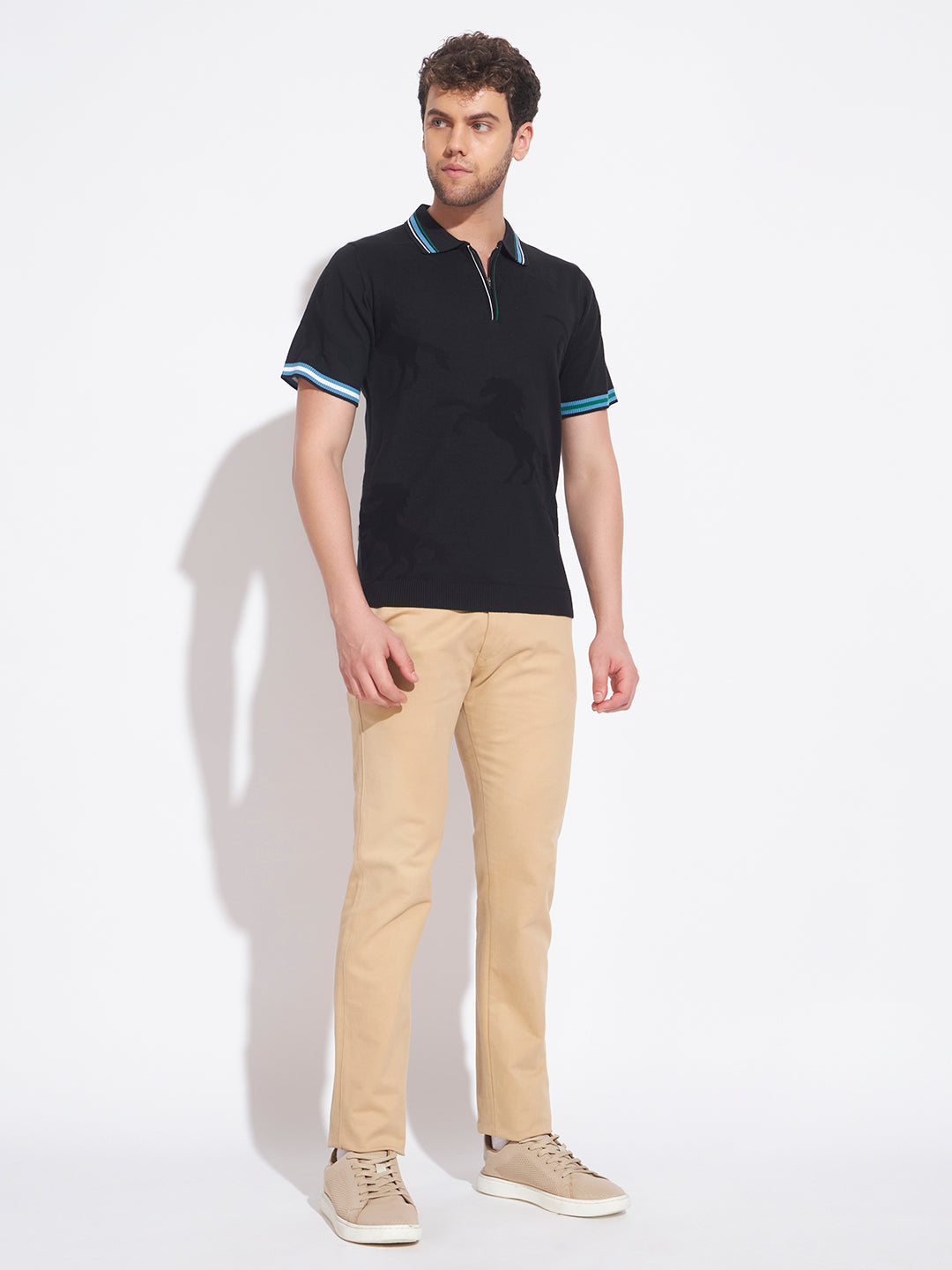 AEDENBURG Men Multi-Stripe Tipping Zip Placket Polo Regular Fit Knitted Cotton Blend T-Shirt