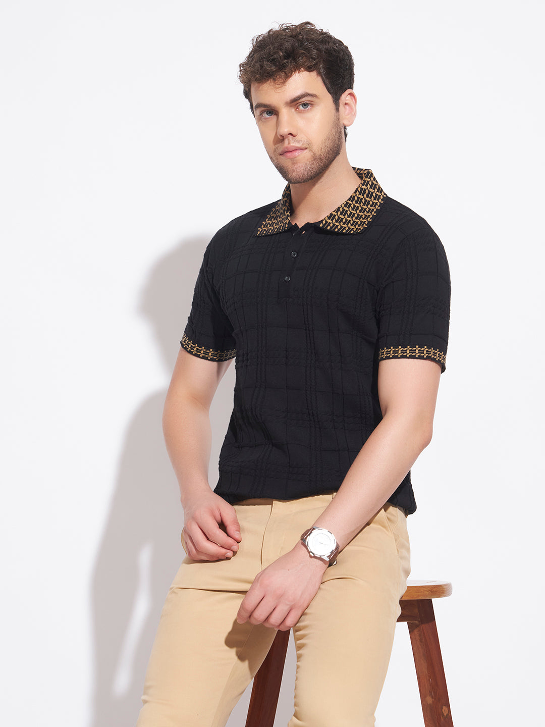 AEDENBURG Men Jacquard-Collar Waffle & Rib Panel Polo Slim Fit Knitted Cotton Blend T-Shirt