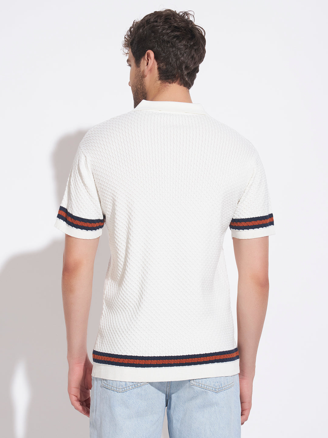 AEDENBURG Men Cable Knit Stripe Tipping Polo Regular Fit Cotton Blend T-Shirt