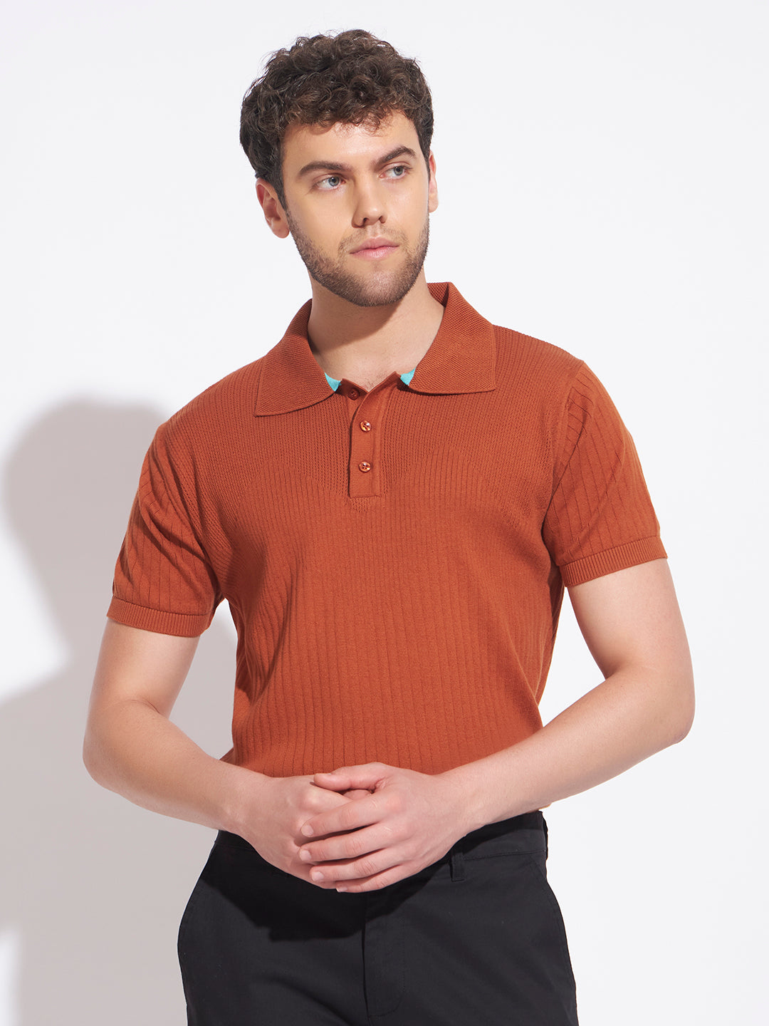 AEDENBURG Men Brown Knitted Cotton Blend T-Shirt
