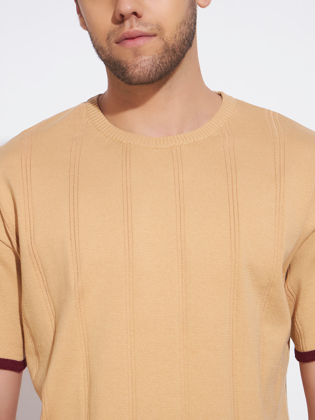 AEDENBURG Men Beige Knitted Cotton Blend T-Shirt