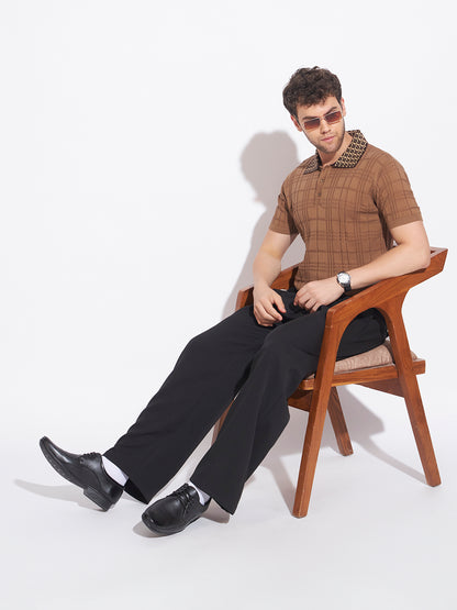 AEDENBURG Men Jacquard-Collar Cable Grid Polo Regular Fit Cotton Blend T-Shirt
