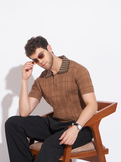 AEDENBURG Men Jacquard-Collar Cable Grid Polo Regular Fit Cotton Blend T-Shirt