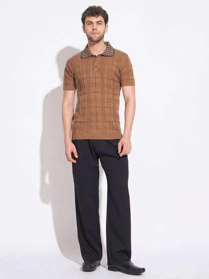 AEDENBURG Men Jacquard-Collar Cable Grid Polo Regular Fit Cotton Blend T-Shirt