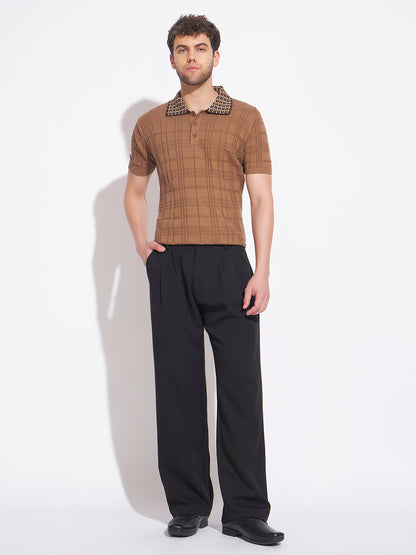 AEDENBURG Men Jacquard-Collar Cable Grid Polo Regular Fit Cotton Blend T-Shirt