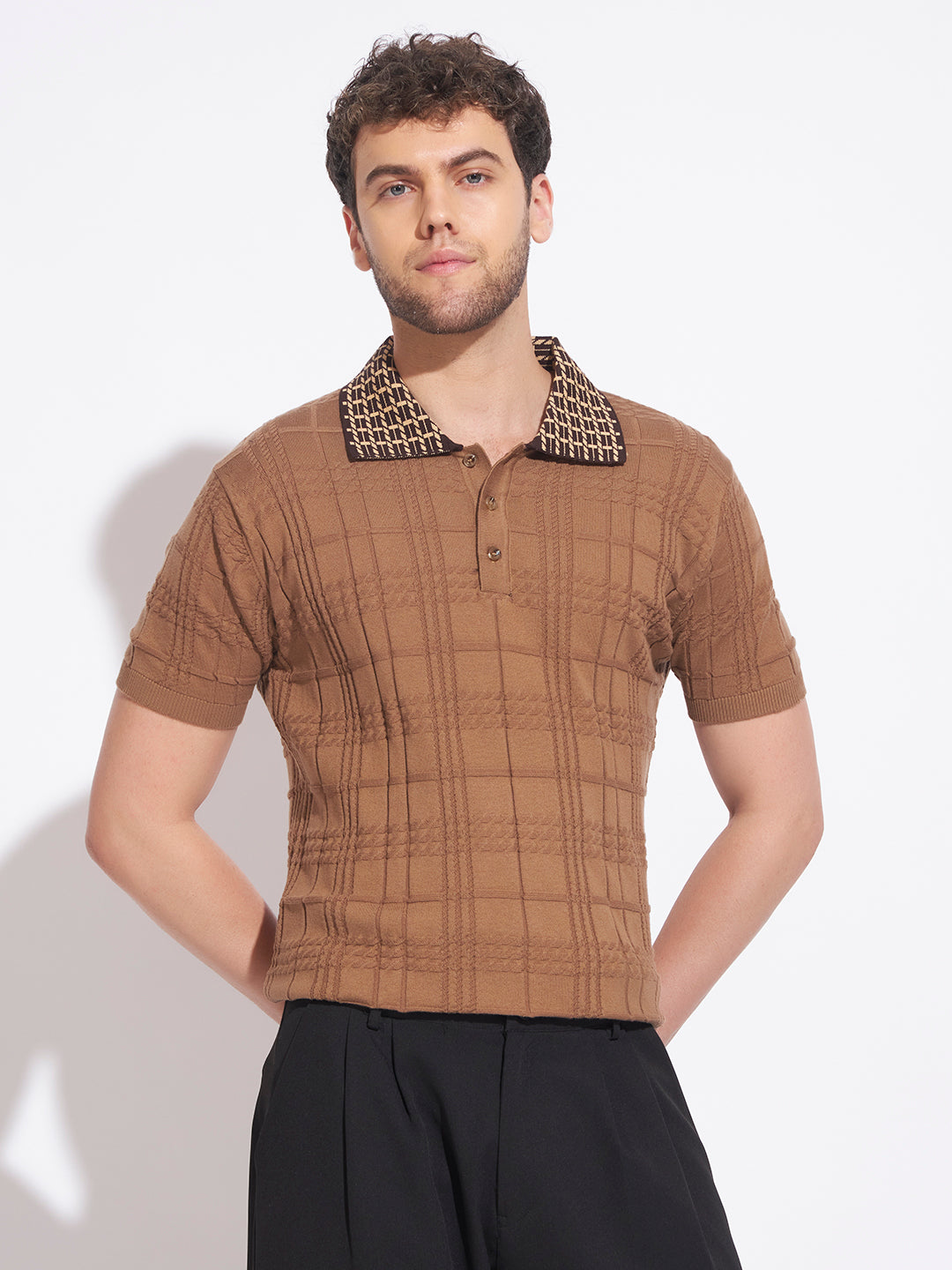 AEDENBURG Men Jacquard-Collar Cable Grid Polo Regular Fit Cotton Blend T-Shirt