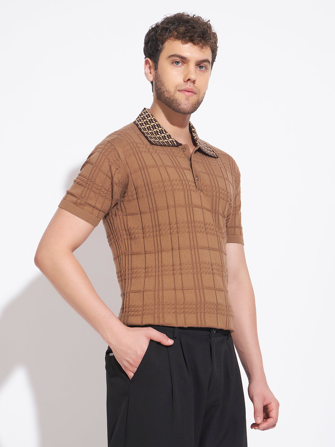 AEDENBURG Men Jacquard-Collar Cable Grid Polo Regular Fit Cotton Blend T-Shirt