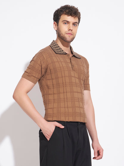 AEDENBURG Men Jacquard-Collar Cable Grid Polo Regular Fit Cotton Blend T-Shirt