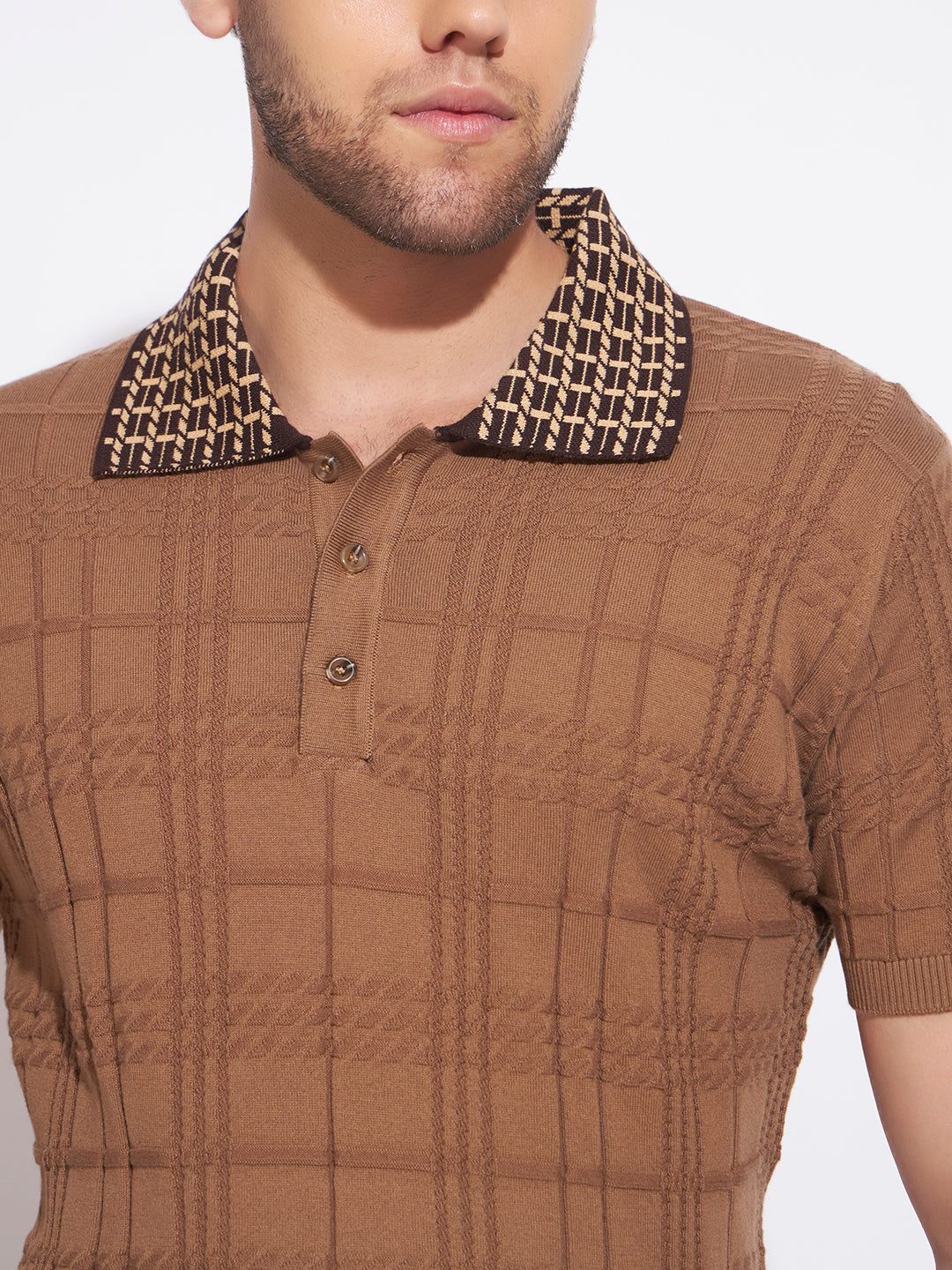 AEDENBURG Men Jacquard-Collar Cable Grid Polo Regular Fit Cotton Blend T-Shirt