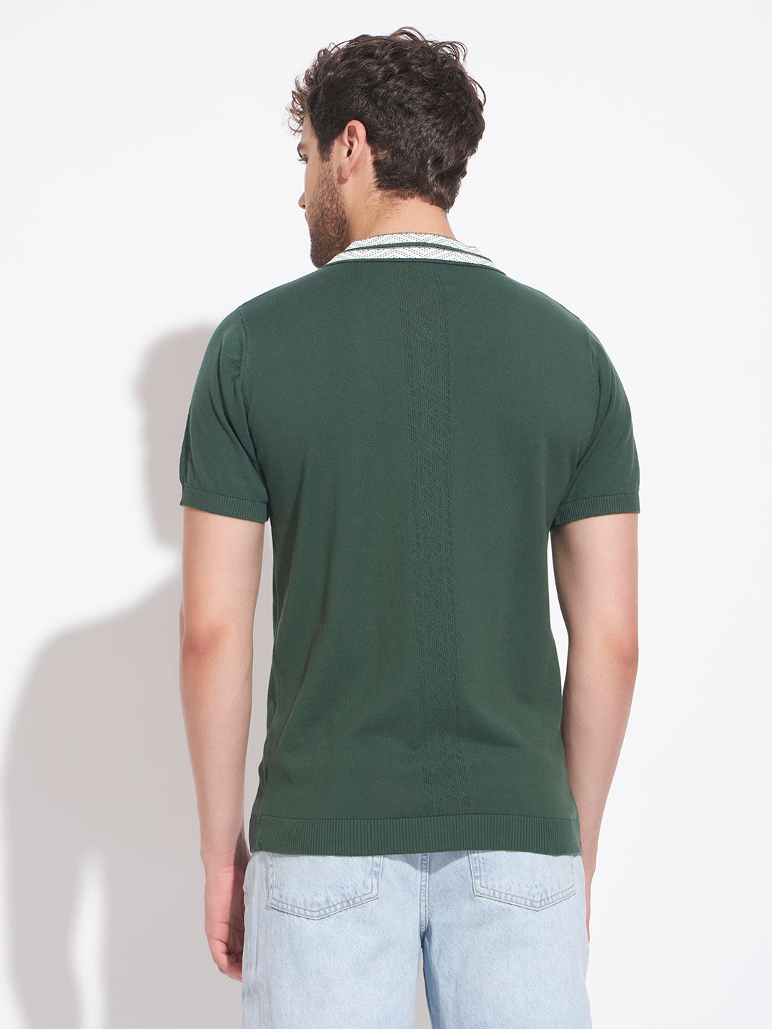 AEDENBURG Men Contrast Jacquard-Stripe Collar Polo Regular Fit Cotton Blend T-Shirt