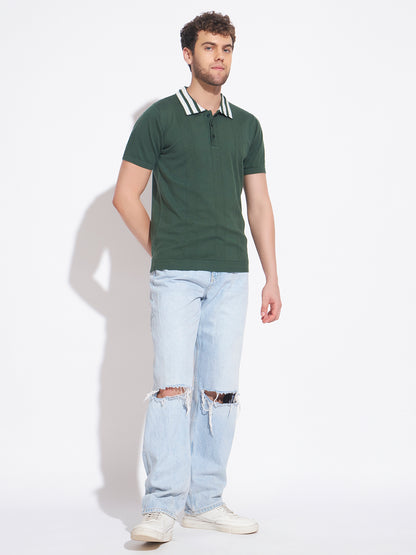 AEDENBURG Men Contrast Jacquard-Stripe Collar Polo Regular Fit Cotton Blend T-Shirt