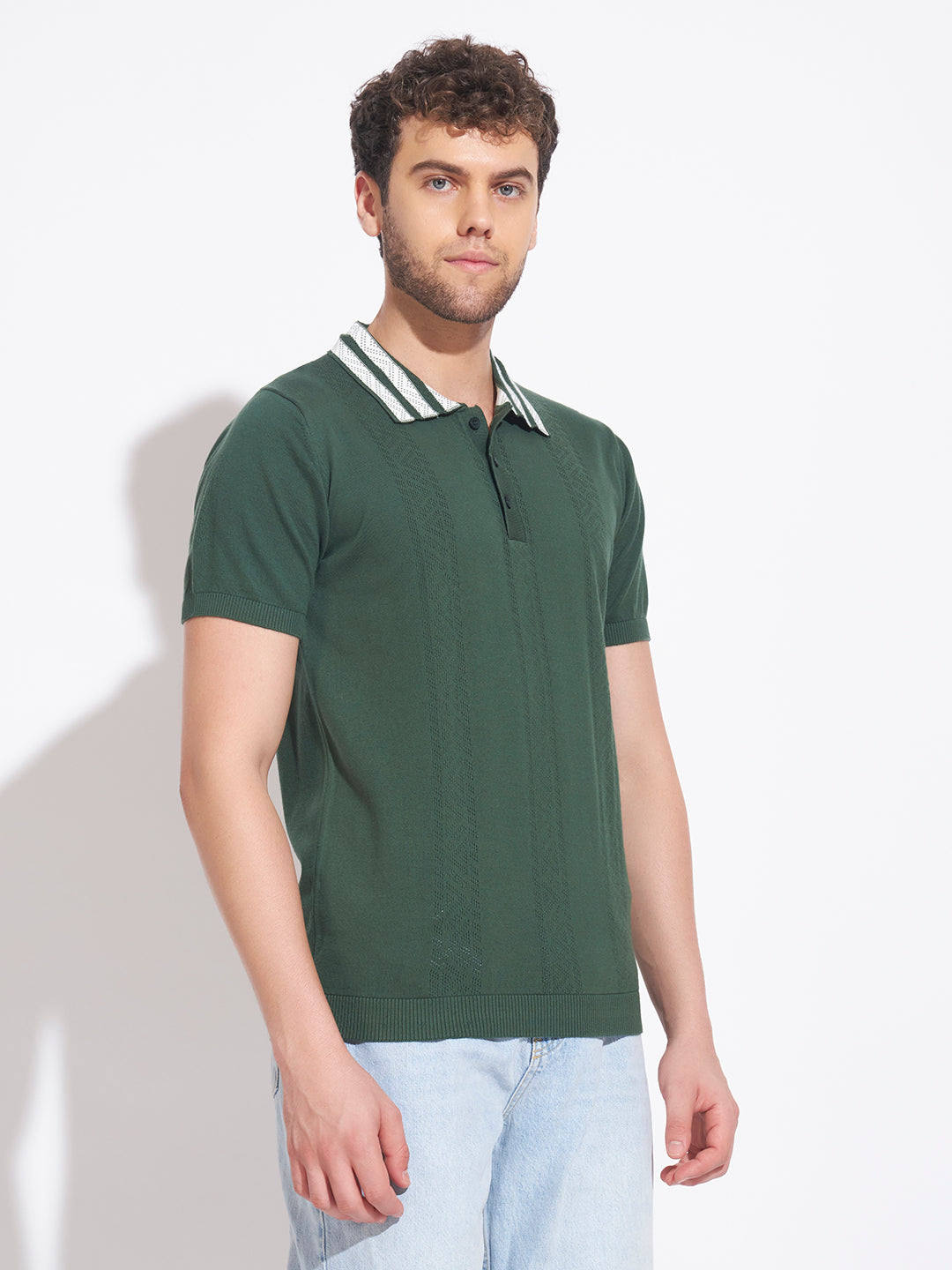AEDENBURG Men Contrast Jacquard-Stripe Collar Polo Regular Fit Cotton Blend T-Shirt