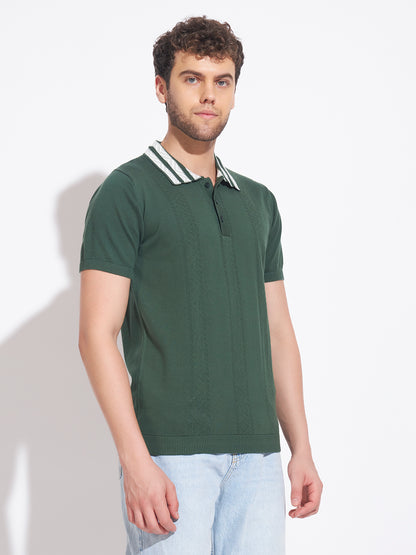 AEDENBURG Men Contrast Jacquard-Stripe Collar Polo Regular Fit Cotton Blend T-Shirt