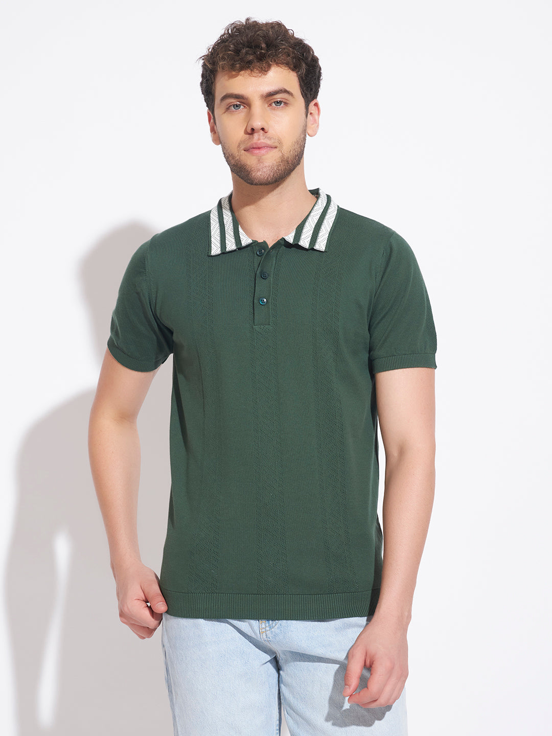 AEDENBURG Men Contrast Jacquard-Stripe Collar Polo Regular Fit Cotton Blend T-Shirt